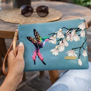 Chula Tulum Hummingbird Floral Blue Wristlet Clutch Pouch NWT